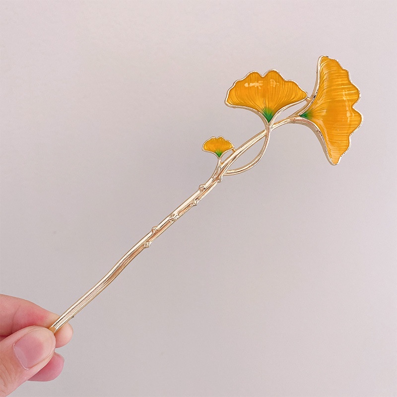 【Beautiful gemstone MALL】(New) 2023 new lengant Ginko enamel leaf hairpin golden metal hair accessories 17.5*5cm