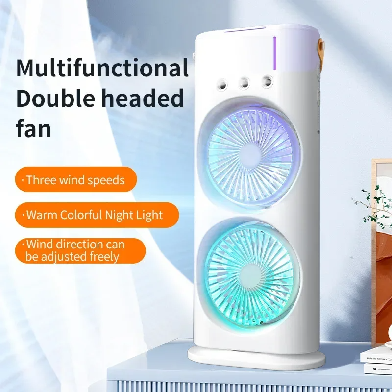 Dual-Head Desktop Air Cooler Fan Portable Rechargeable Ice Mist Fan Foldable, Wireless, Battery Powered Mini Cooling Fan for Bedroom, Office & Outdoor Use