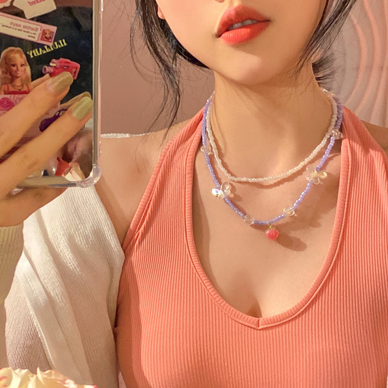 【Mega Sale】Spring double beaded butterfly necklace female high design sense niche clavicle chain necklace 2022 new accessories