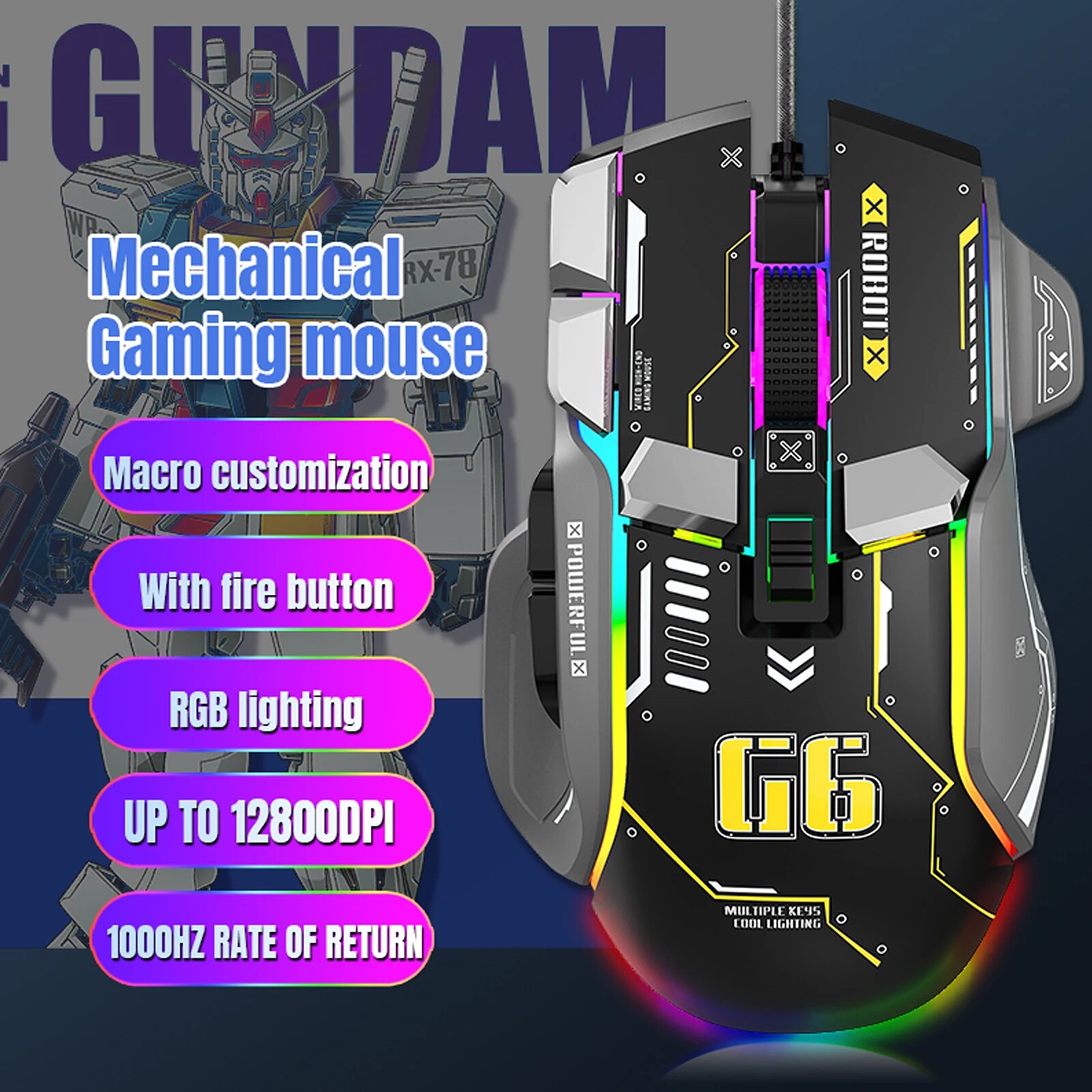 G6 RGB 12-Key Mechanical Mouse Wired Gaming Mosue Ergonomic Design 10-key Macro Programmable Setting 6-Speed Adjustable 12800DPI