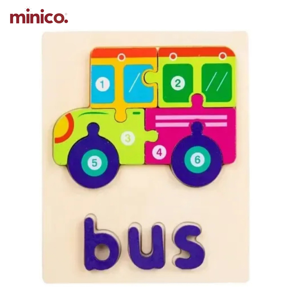 Minico Colorful Wooden Bus Shaped Puzzle - Montessori 3D Jigsaw for Toddlers | Number & Vehicle Name Learning Toy for Baby & Toddlers