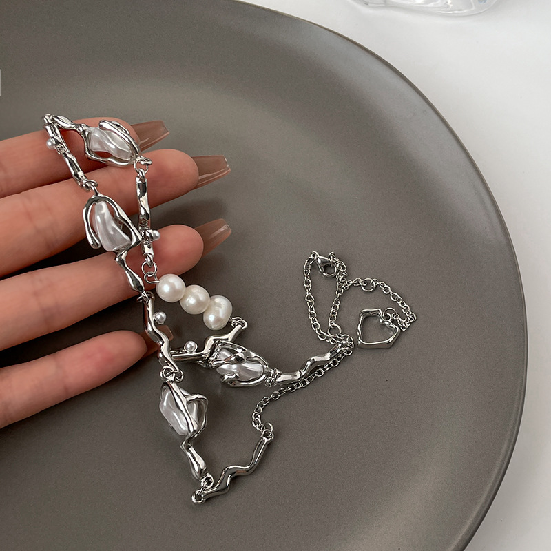 designs】Holy Cross Irregular Stitching Necklace Women's Personality Sweet Cool Pearl Chain Cold Style Necklace Chain