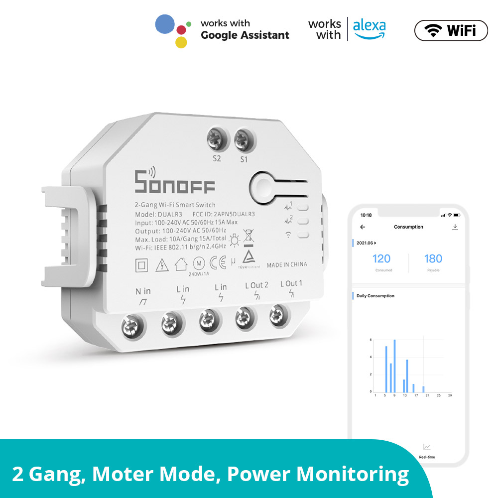 SONOFF DUALR3/DUALR3 Lite WiFi Dual Relay Smart Switch 2-Gang Power Metering, Voice & Remote Control, Motorized Device Control, Energy Monitoring for Home Automation