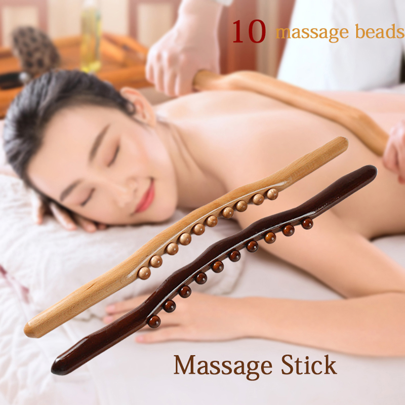 HOT 10 Beads Massager Body Natural Carbonized Beech Wood Scraping Massage Stick Back Massager SPA Therapy Point Guasha Relax Tool