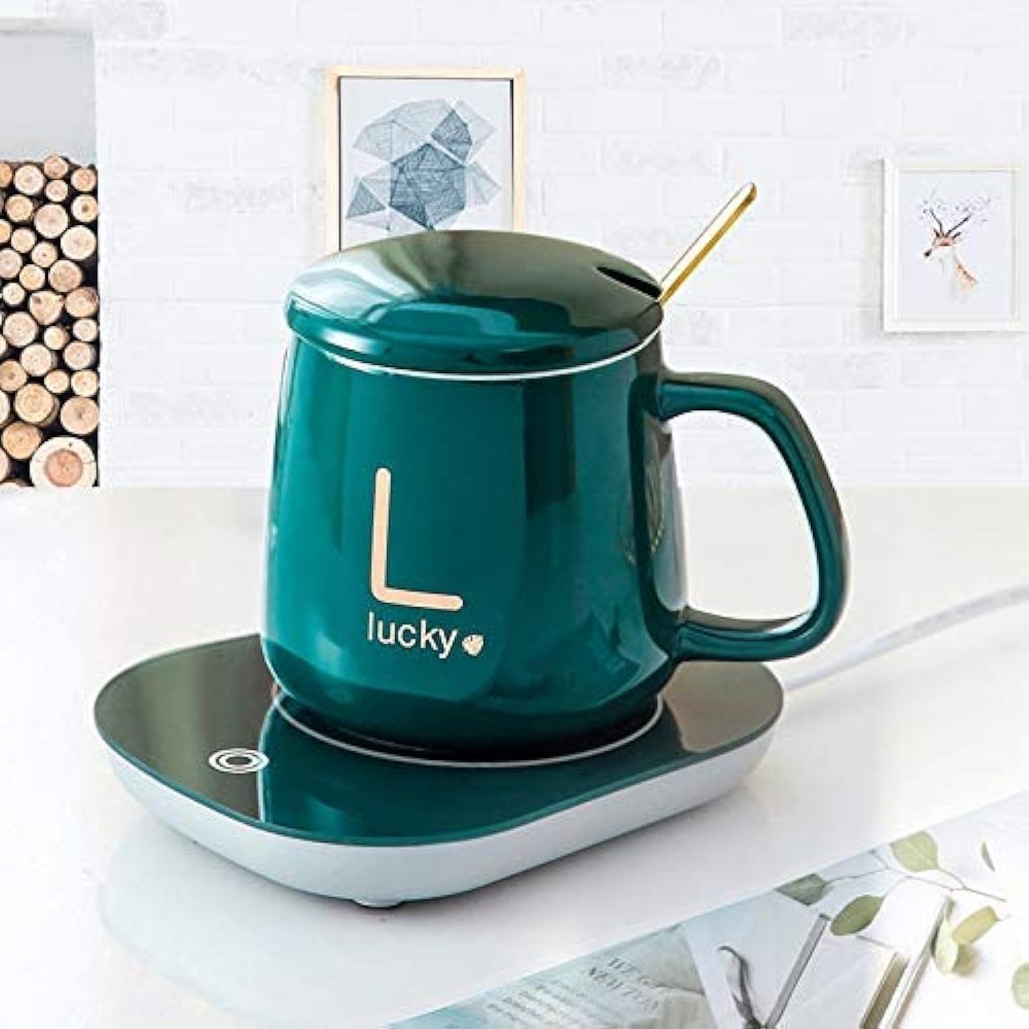 Coffee Mug Warmer with Mug, Coffee Cup Mug Warmer for Desk with Auto Shut Off, Electric Beverage for Keeping Cocoa Soop Tea Water Milk Warm, Cup and Spoon (GREEN)