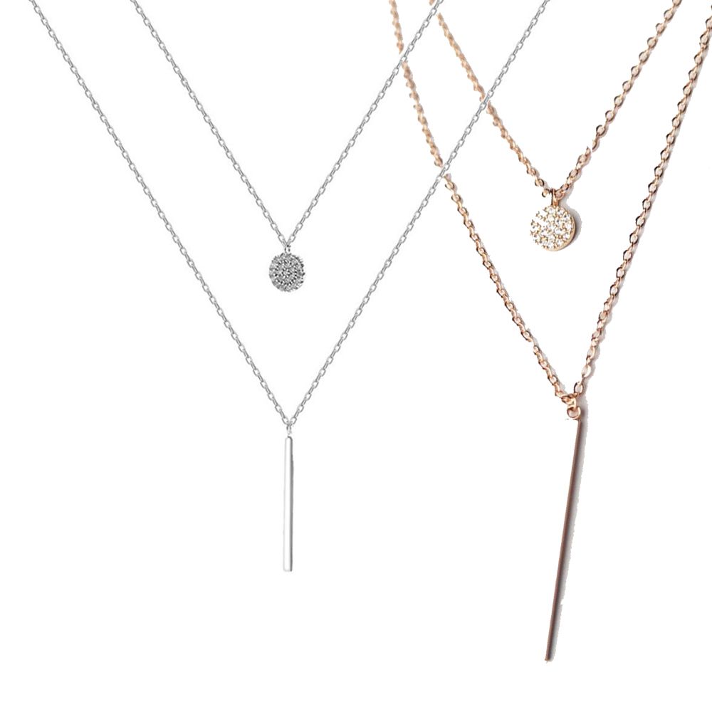2PCS Alloy Rose gold Round Shiny Flash Diamond Double Layer Necklace Clavicle Chain 925 Sterling Silver Long Pendant