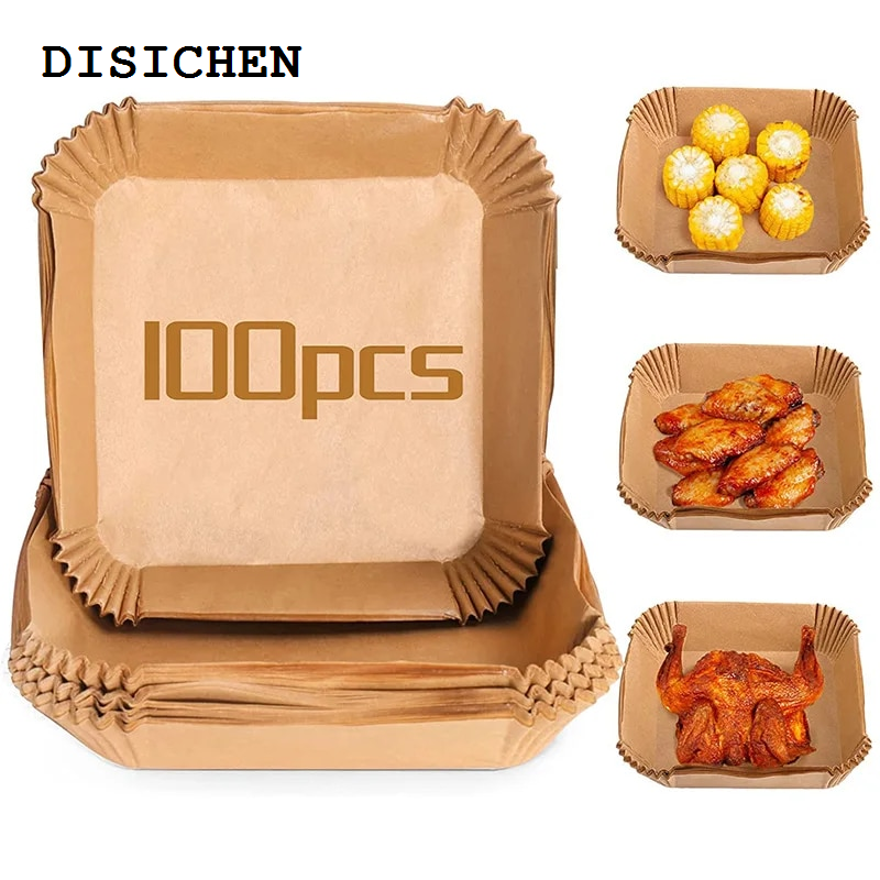DISICHEN 2025 100pcs Air Fryer Paper Liner Non-stick Air Fryer Parchment Paper Liners Baking Paper Filters for Kitchen Airfryer Micro-waveHats Caps