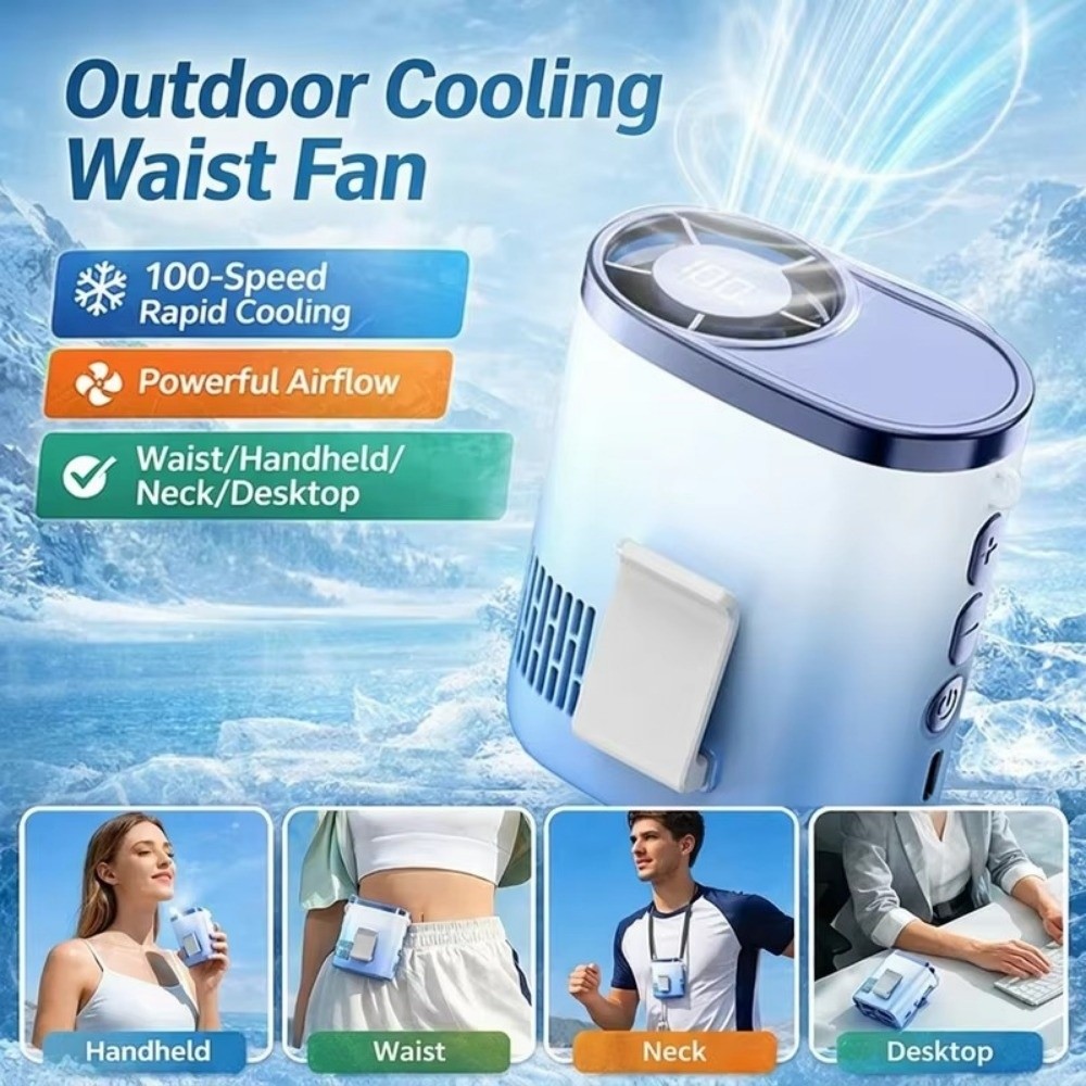 Hands-Free Portable Waist Clip Fan Strong Airflow Compact Design Cooling Fan LED Display Rechargeable Hanging Neck Fan Climbing