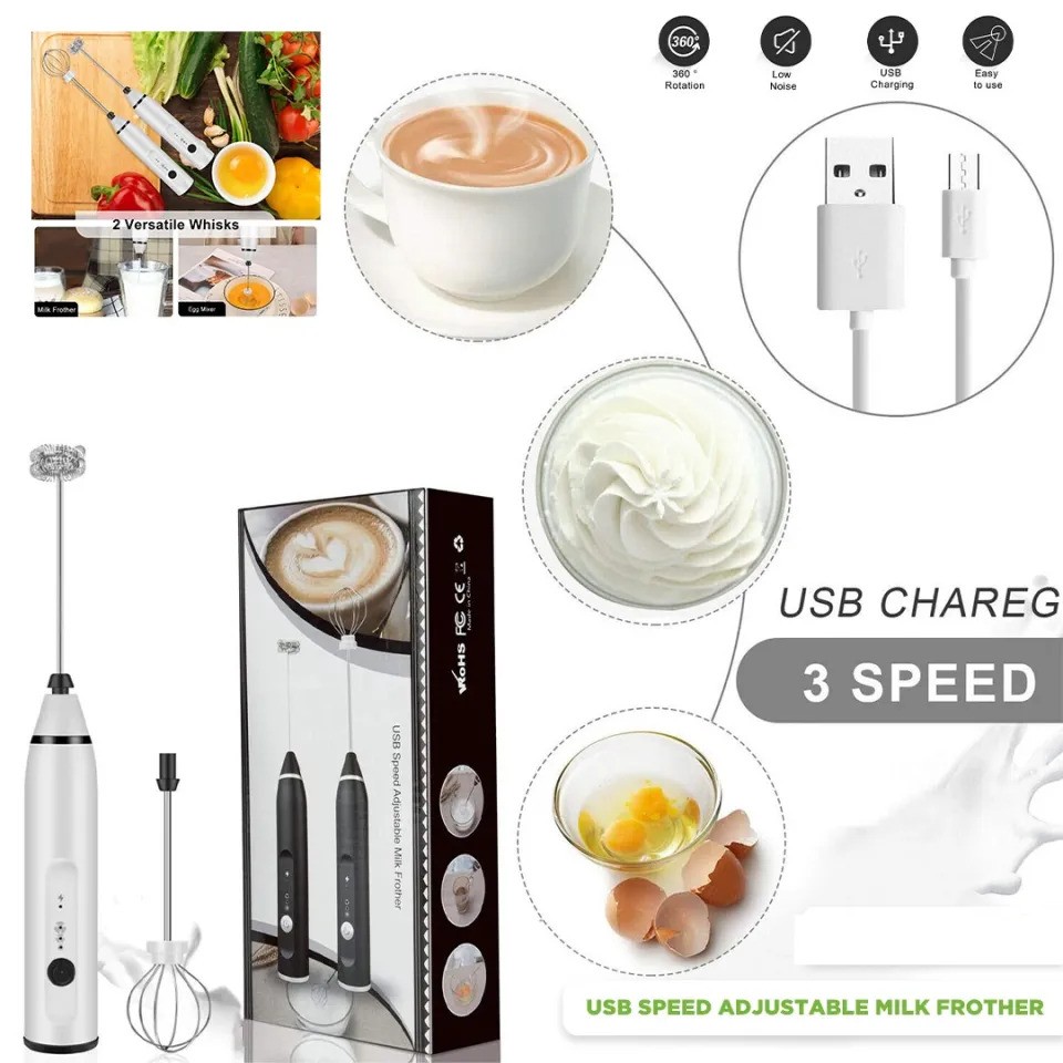 High Powered Electric Rechargeable Coffee Beater, Egg, Milk Frother Adjustable Speeds