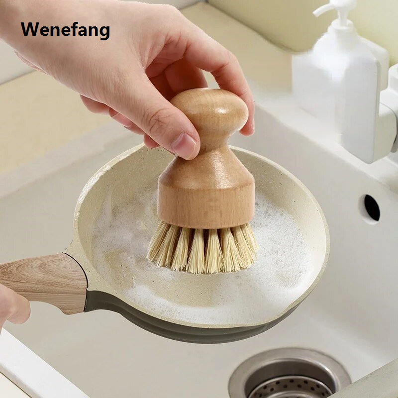 Wenefang Cleaning Tools 1PC Bamboo Palm Kitchen Pan Pot Cleaning Brush Short Round Wooden Handle Household Vegetables Bowl Dish Washing Tools