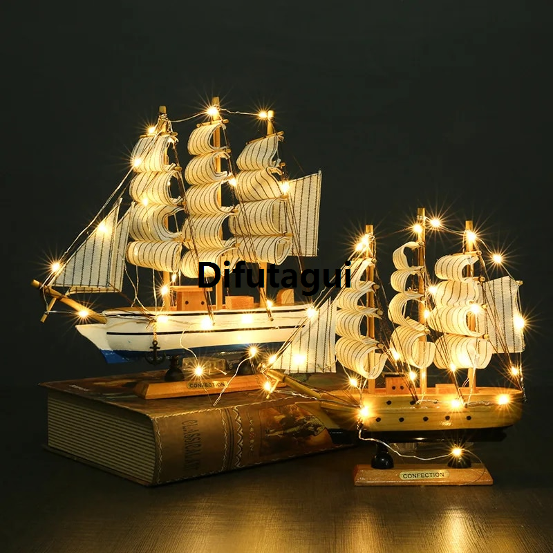 Difutagui New specials Pirate ship Sailboat model Wooden small wooden boat decoration 2025 New Cake ornaments Fishing boat home tabletop decoration LED 16-20cm