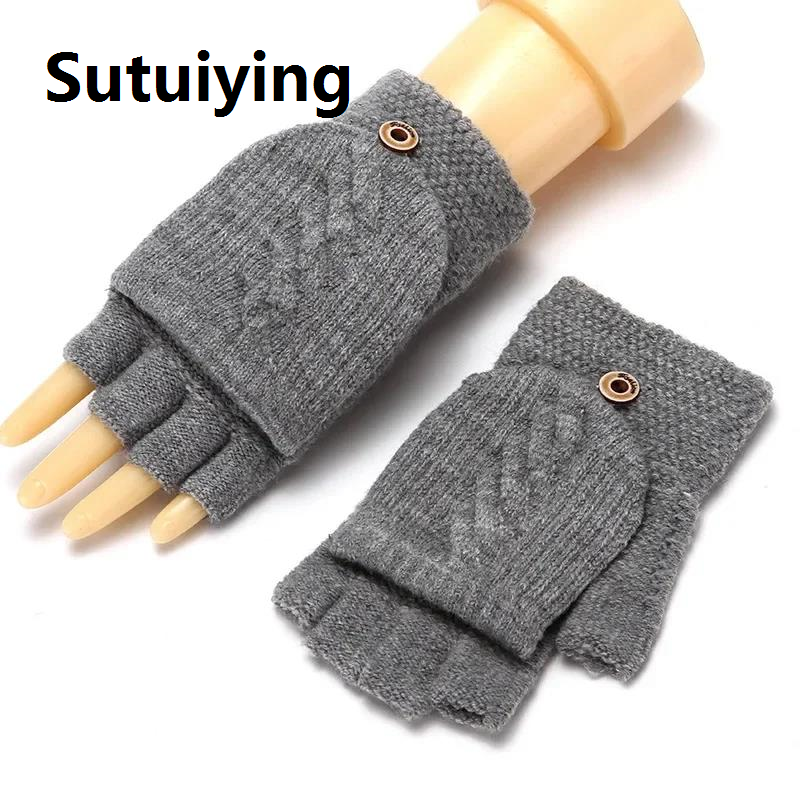 Sutuiying Wool Knitted Fingerless Flip Gloves Winter Warm Finger Free Touchscreen Gloves for Men Women Unisex Exposed Finger Mittens Glove
