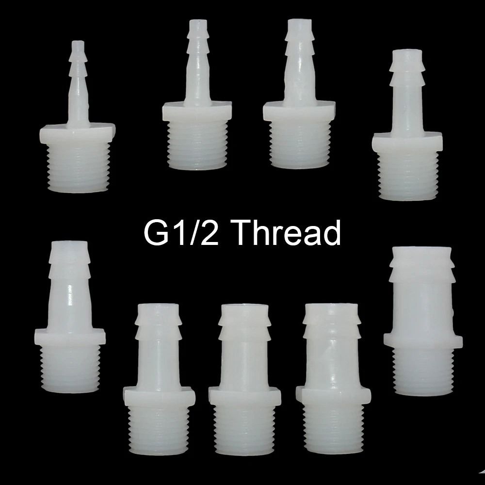1/10Pcs Durable 4/6/8/10/12/14/16/18/20mm Hose Connector Drip Irrigation System Pipe Fittings Pipe Coupler ID Plastic 1/2 Inch Thread To Barb