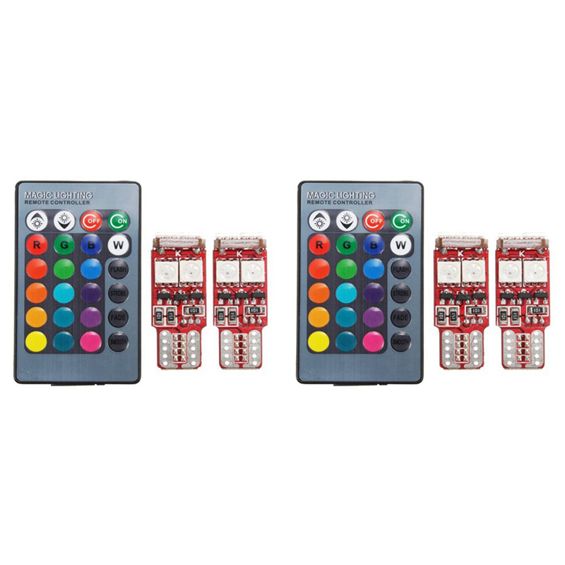 4Pcs T10 W5W LED RGB Remote Control Lights Indicator Bulb Car Interior Wedge Side Lamps