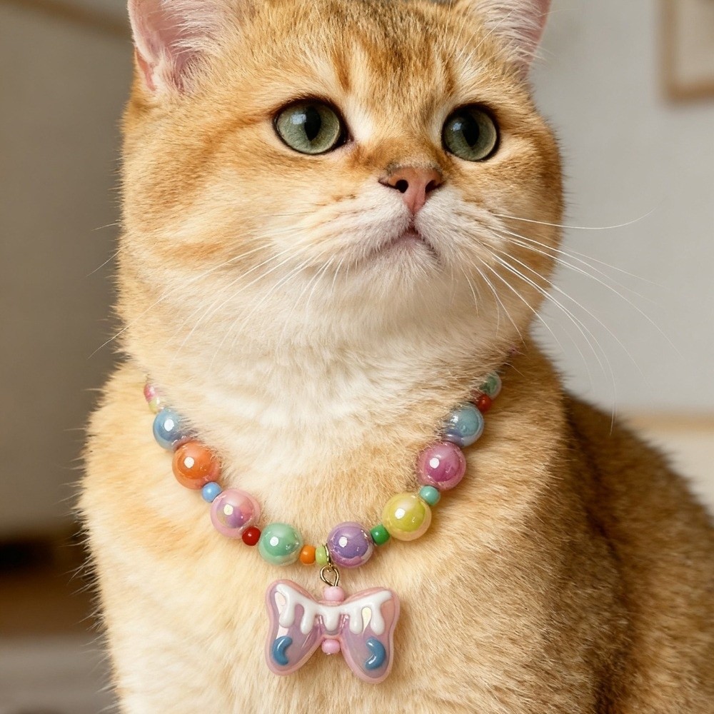 Cute Adjustable Rainbow Beaded Pet Necklace Colorful Bow Pendant Elastic Cat Neck Chain Pet Jewelry Dog Cat Pet Collar Pet Costume Accessories