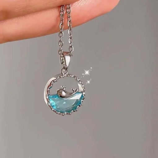Ocean Wave Round Pendant Necklace with Dolphin Design - Blue Resin Sea Locket | Aesthetic Transparent Ocean Jewelry | Minimalist Silver Chain Necklace for Girls & Women | Lightweight Stylish Gift for Birthday, Anniversary & Daily Wear