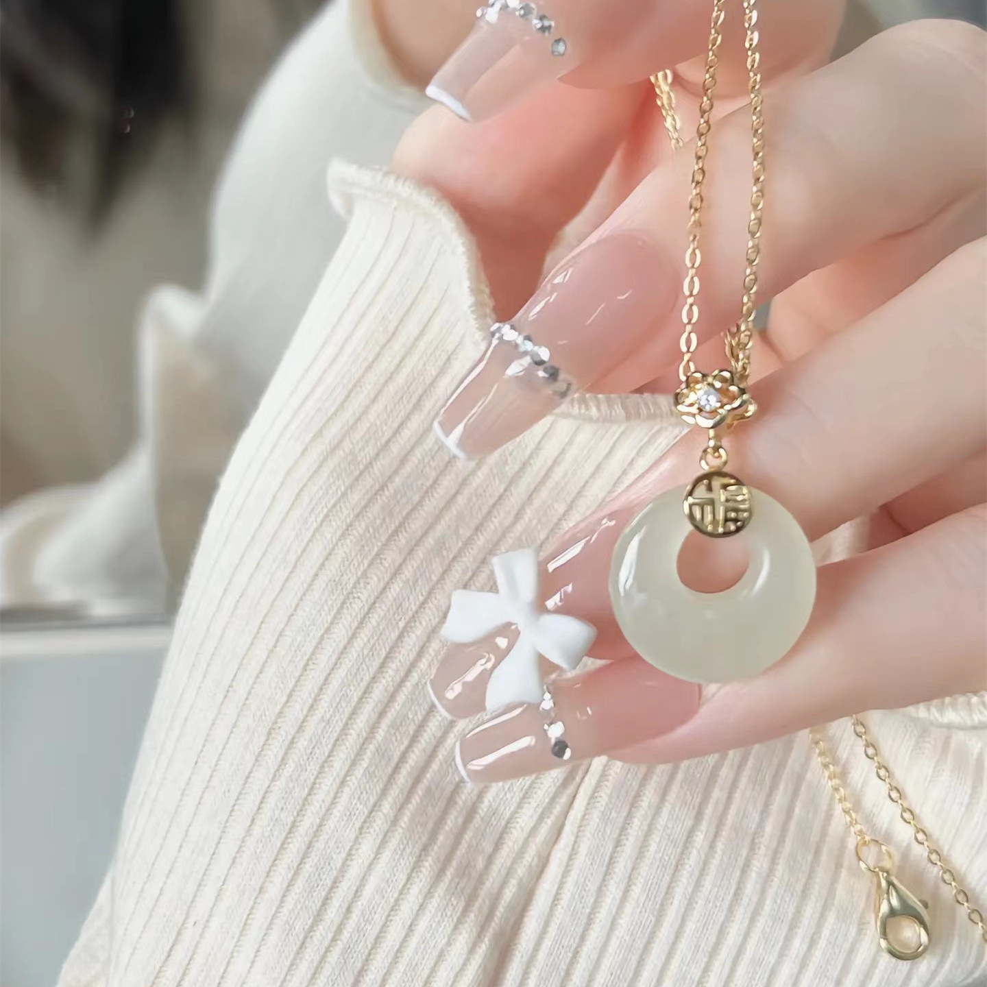 【Top Picks】S999 Natural White Chalcedony Safe Buckle Necklace Women's New Chinese Ethnic Antique Niche High Sense