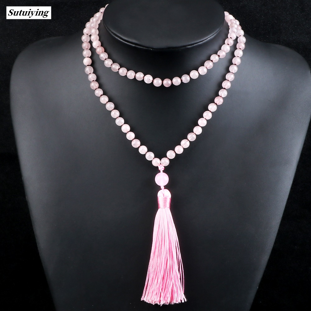 Sutuiying Pink Quartz 108 Beads Necklace Fashion Women 6mm Natural Stone Crystal New style Tassel Long Necklaces Meditation Yoga Spirit Mala Jewelry