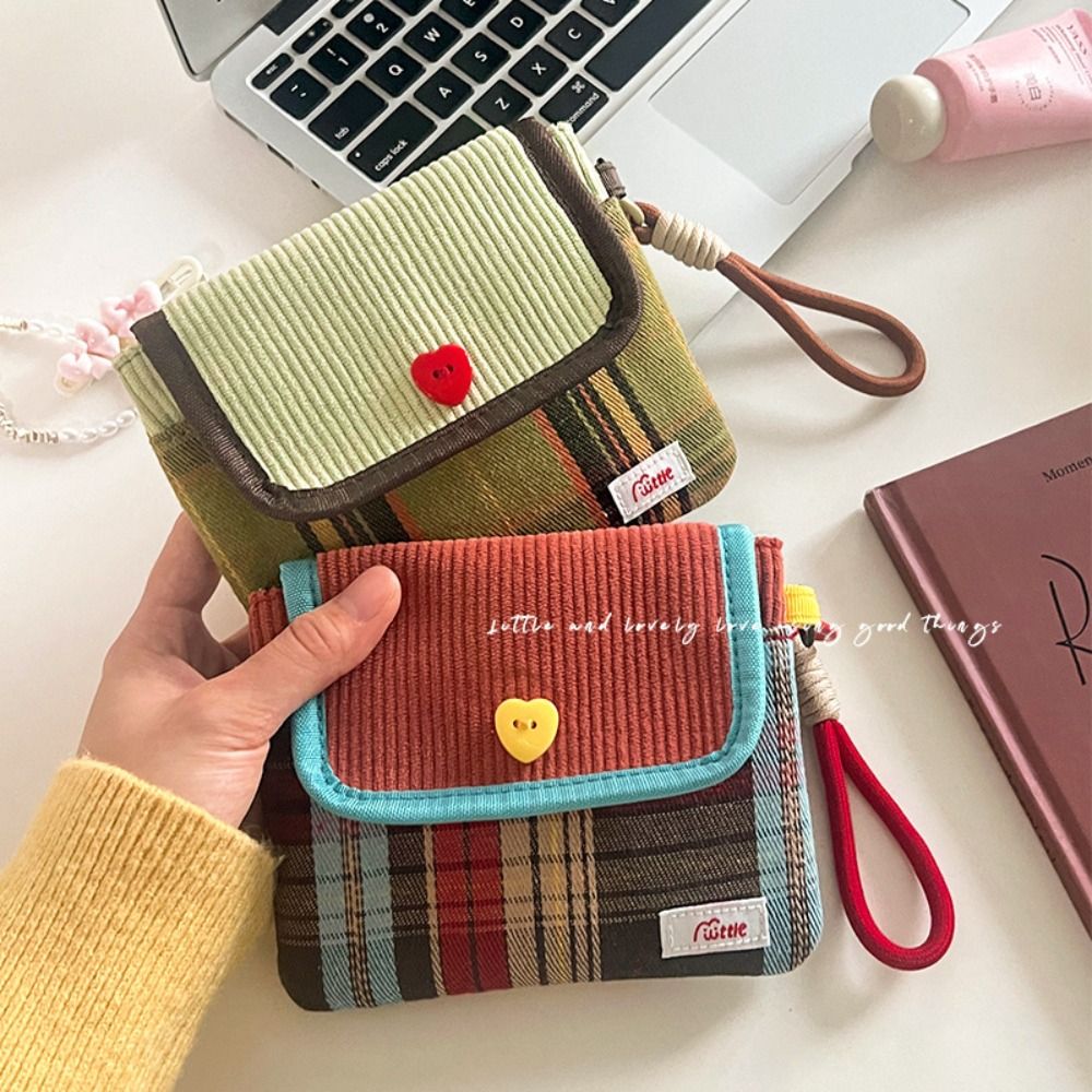 Sweet Large Capacity Mini Cosmetic Bag Corduroy Makeup Bag Sanitary Napkin Storage Bag Small Item Bag Grid Pattern Purse Women