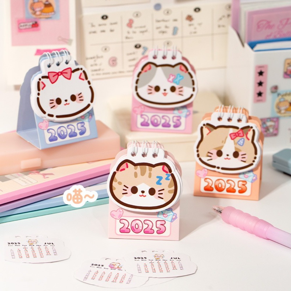 Cute 2025 Mini Desk Calendar Cartoon Cat Daily Organization Desktop Calendar Coil Planner To Do List 2025 Coil Calendar School