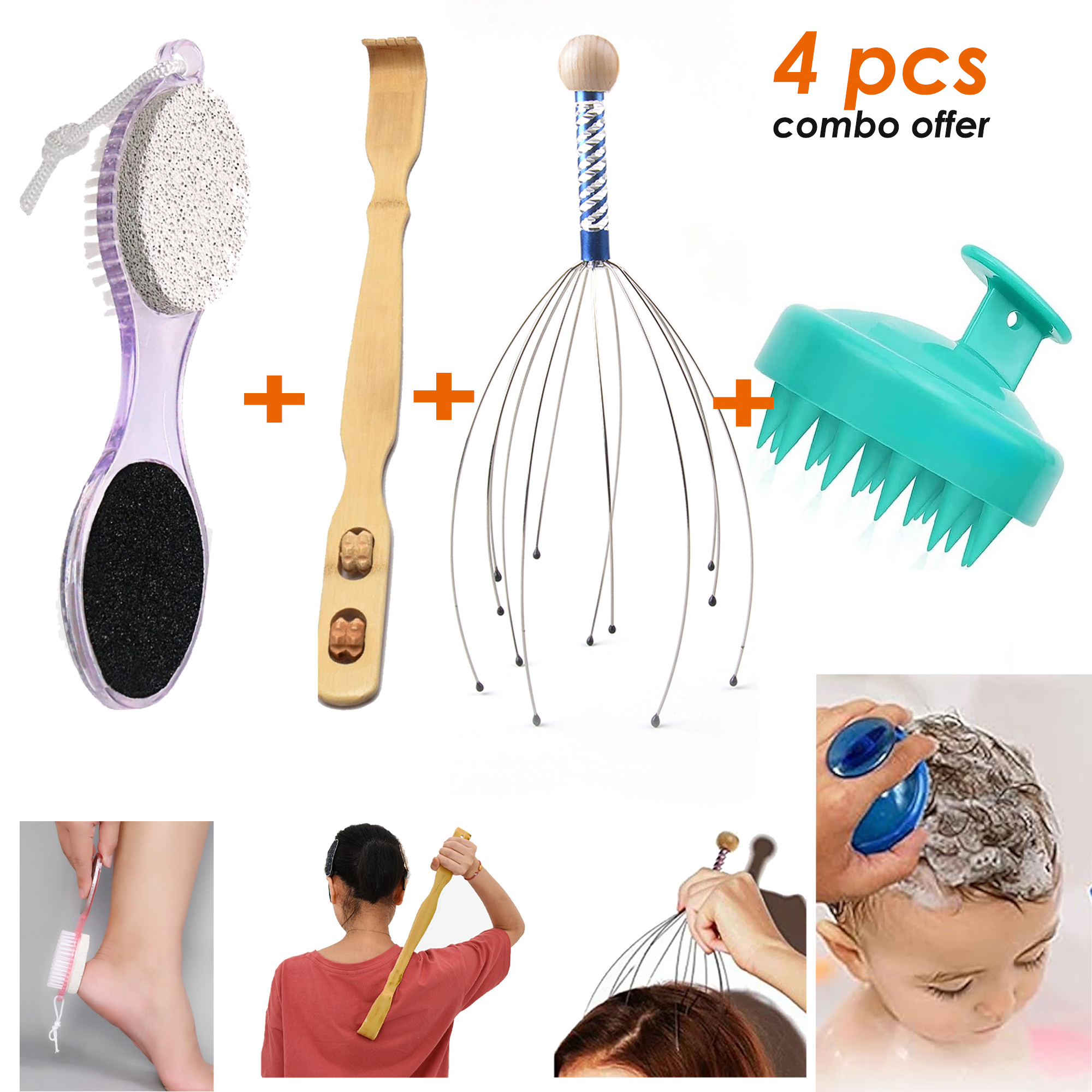 4 Pcs Combo: Wooden Bamboo Back Scratcher for Men & Women + Head Massager Octopus Scalp Scratcher for Stress Relief + 4-in-1 Pedi Care Stick Pedicure Tool with Pumice Stone + Hair Scalp Massager Shampoo Brush for Hair Growth & Dandruff Removal