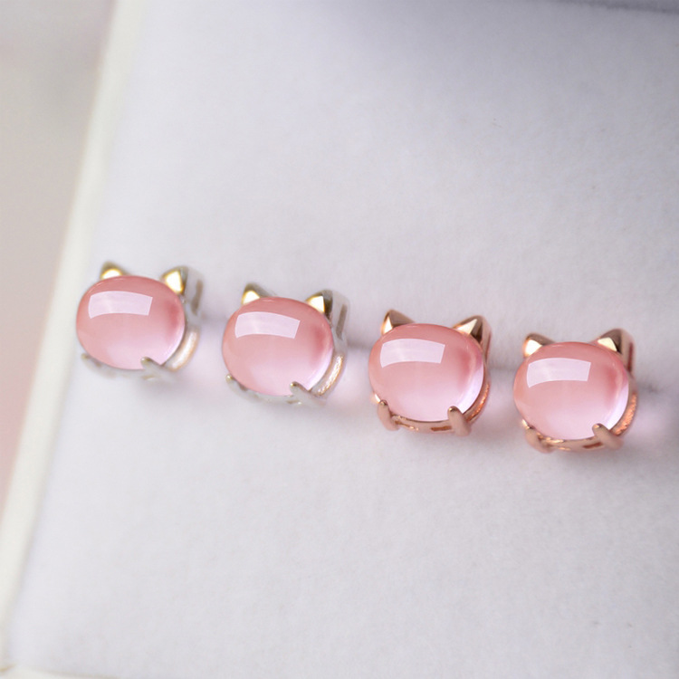 【New arrivals】Korean version of cute meow cat copper silver plated earrings female pink crystal earrings jewelry