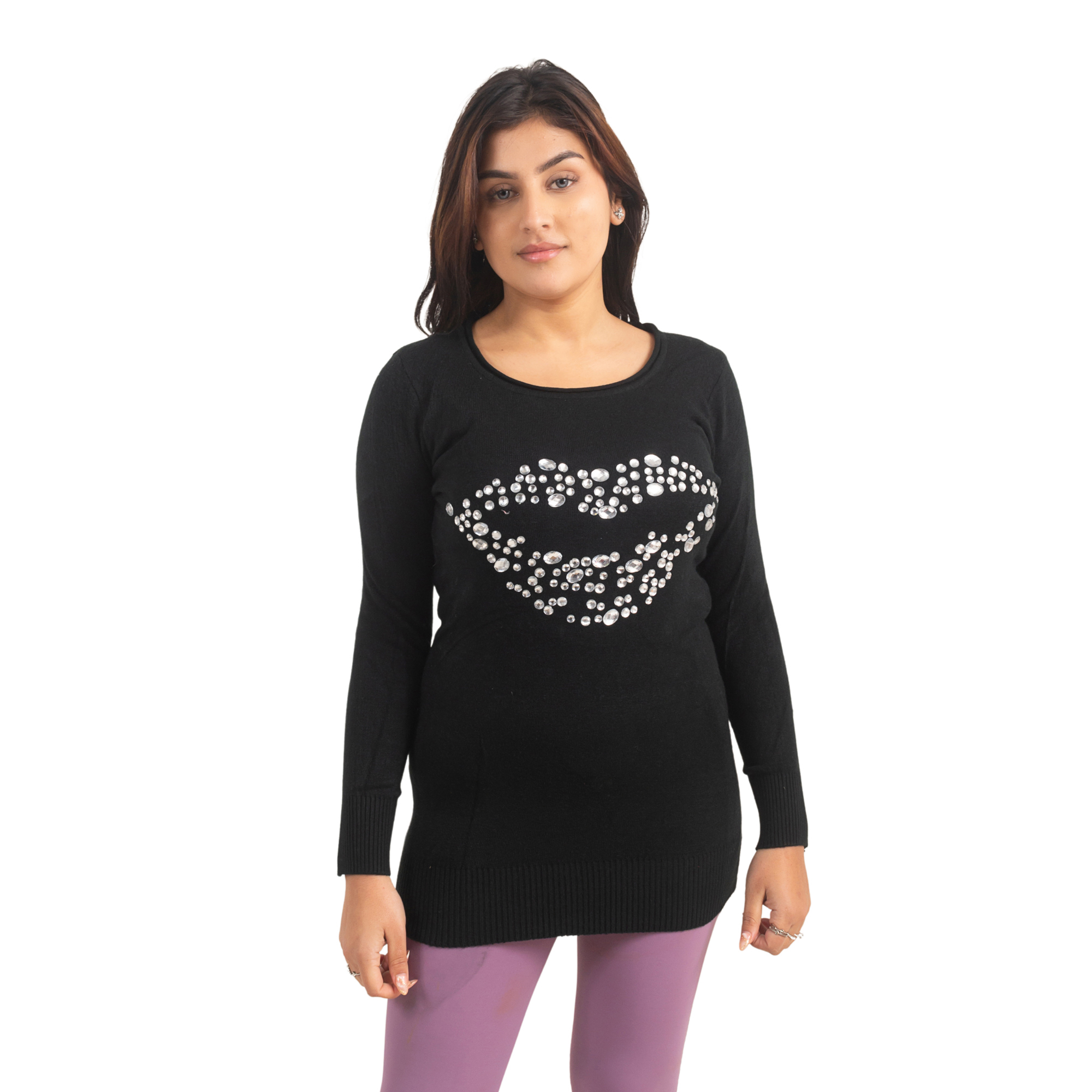 Black Color Woolen Warm Lip Print Full Sleeves T-shirt For Women