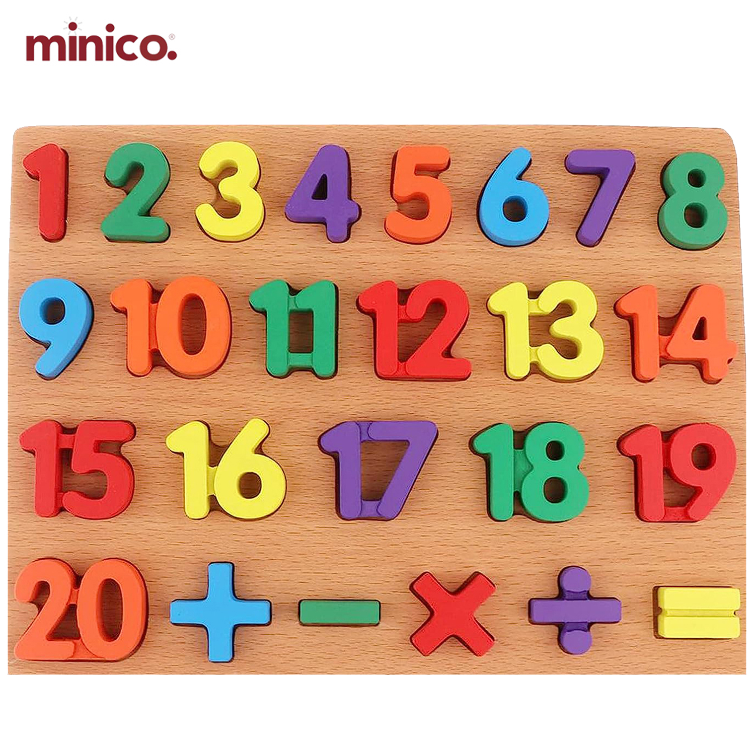 Minico Wooden Educational Number (1-20) Puzzle Board with Math Signs | Montessori Learning Toy for Baby, Toddlers & Kids