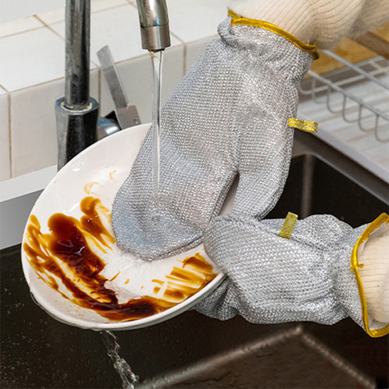 1 pair Housework Cleaning Gloves Steel Wire Ball Dishwashing Gloves Waterproof Brush Oil Bowl Artifact Household Cleaning Silver Gloves