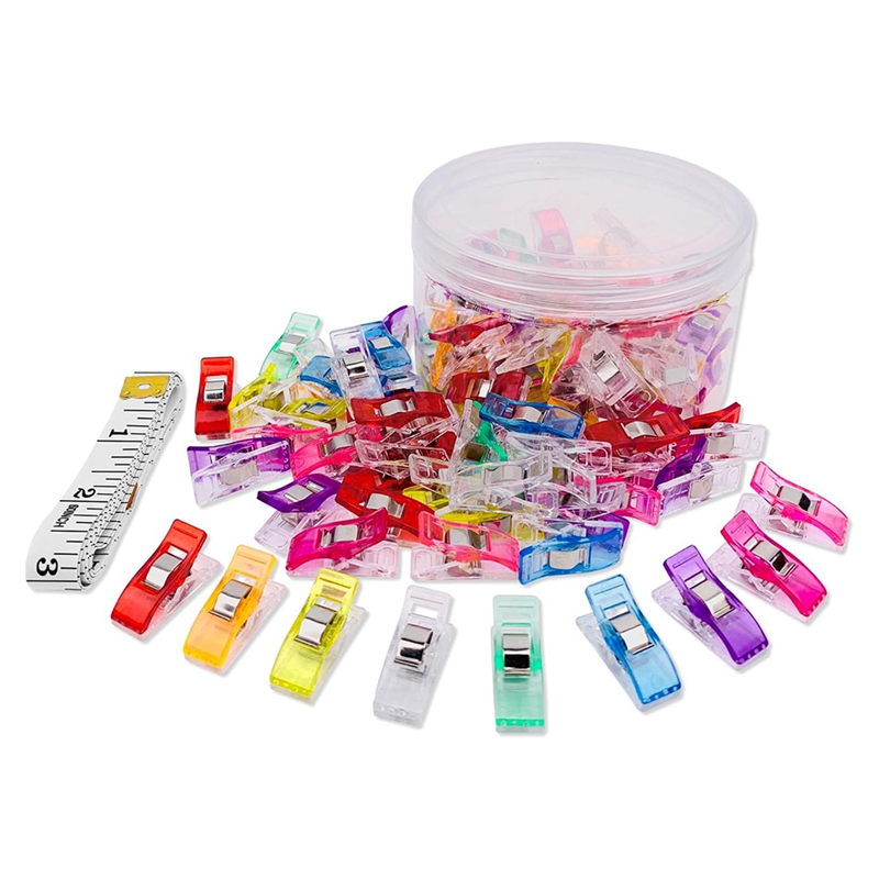 Premium Plastic Clips 100 Pack Sewing Clips for Quilting and Crafts with Tin Box, Assorted Colors, 1 Sewing Tape Measure