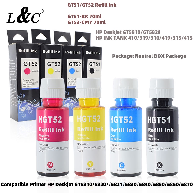 GT51 GT52 Compatible Refill Ink Bottle Set (CMYK) for HP Ink Tank 115, 310, 315, 319, 410, 415, 419, 500, 515, GT 5810, GT 5820 - Premium Quality & High Yield