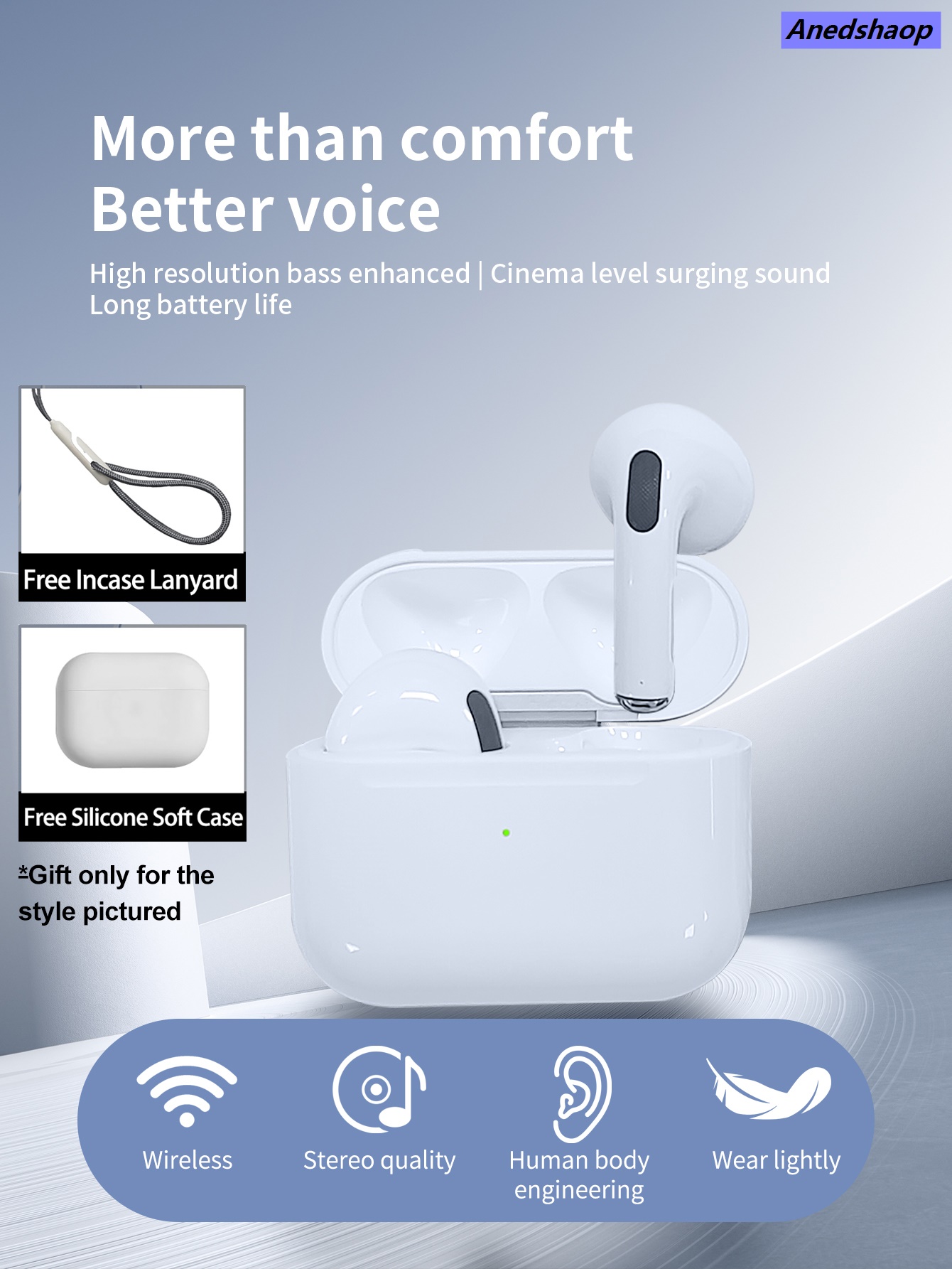 NEW Anedshaop Wireless Headphones AirPods For Iphone with 3 Mic / Spatial High Quality Voice/ Wireless Charging/BT5.3 In-Ear Hi-fi Stereo