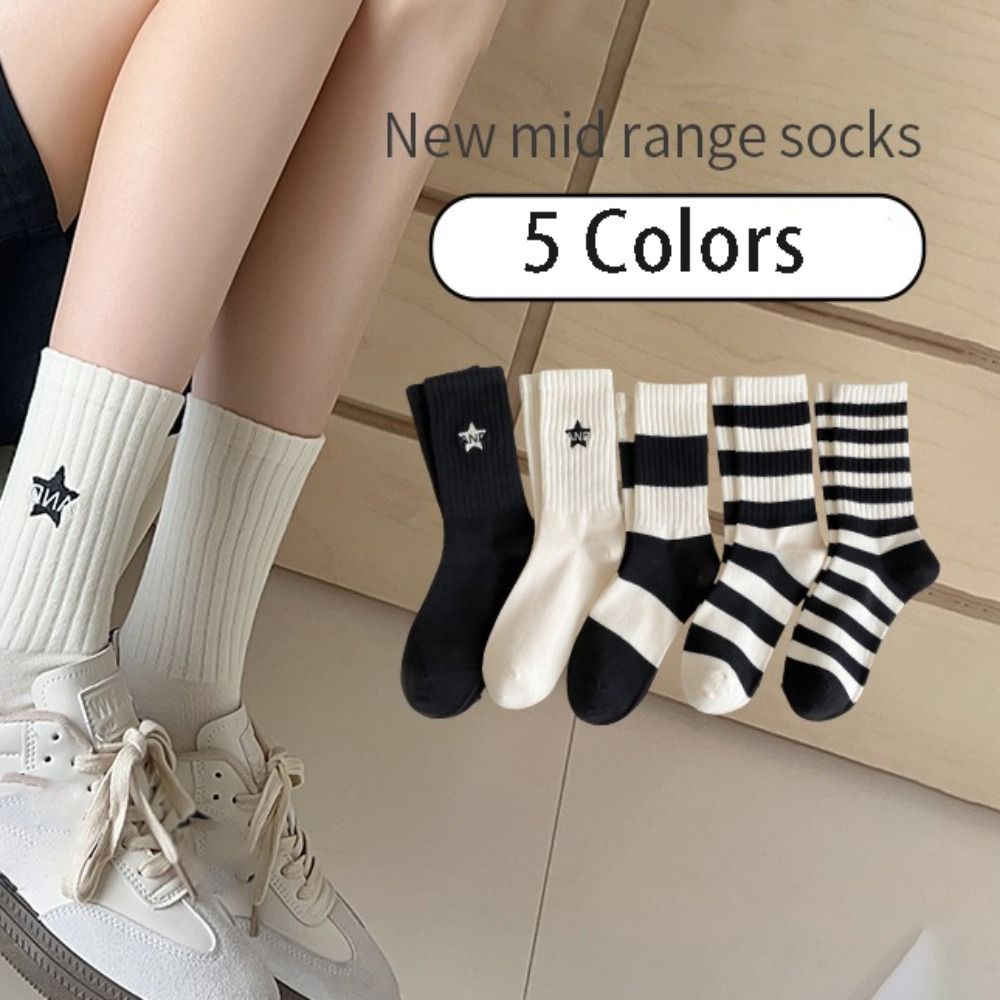 New Retro Cotton Sports Socks Fashion Spring Summer Black White Striped Socks Couple Socks Women Men Embroidered Socks