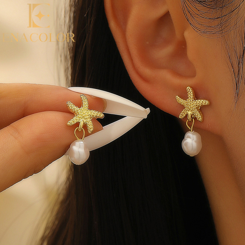 Enacolor Retro Gold Metal Stars Starfish Shells Earrings for Women Girls Sea Ocean Vacation Jewelry Accessories Gifts for gf