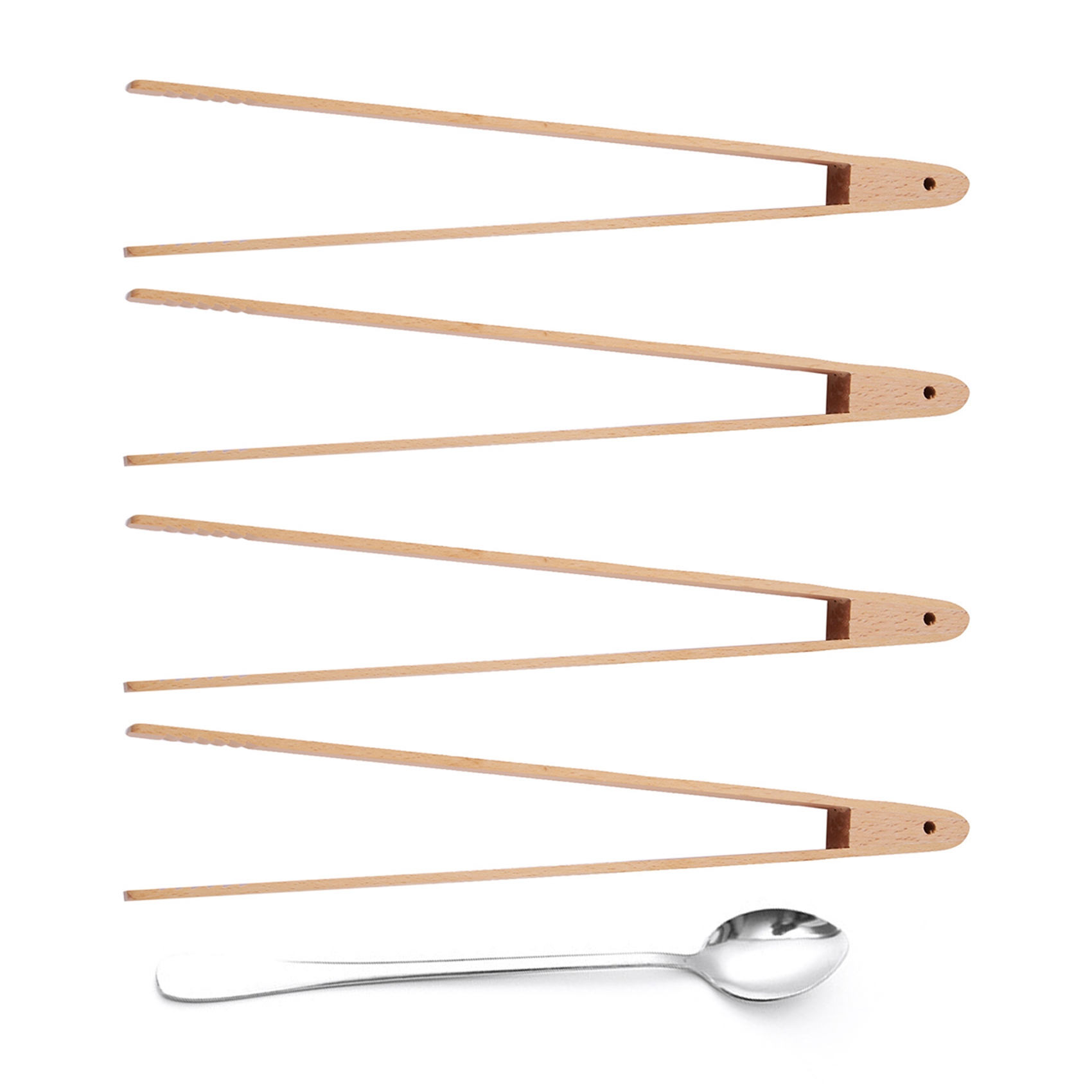 NAMUNY 4 Packs 12 Inch Wood Toaster Tongs Kitchen Tongs & New 1Pc Long Handle Stainless Steel Tea Coffee Spoon