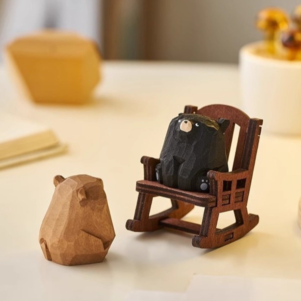 Animal Sculptures Wooden Rocking Chair Bear Models Solid Wood Handmade Hand Carved Bear Figurines Mini Cartoon Bear Ornaments Photo Props