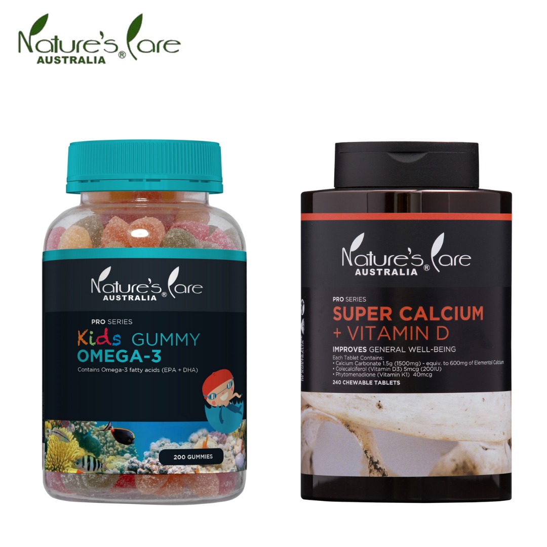 Nature's Care Set of 2 Food Supplements, Super Calcium + Vit D 240's & Kid's Gummy Omega 3 200's