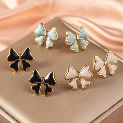 Stylish Stainless Steel Gold-Plated Bow Stud Earrings for Women & Girls | Premium Enamel Finish Cute Fashion Jewelry Set