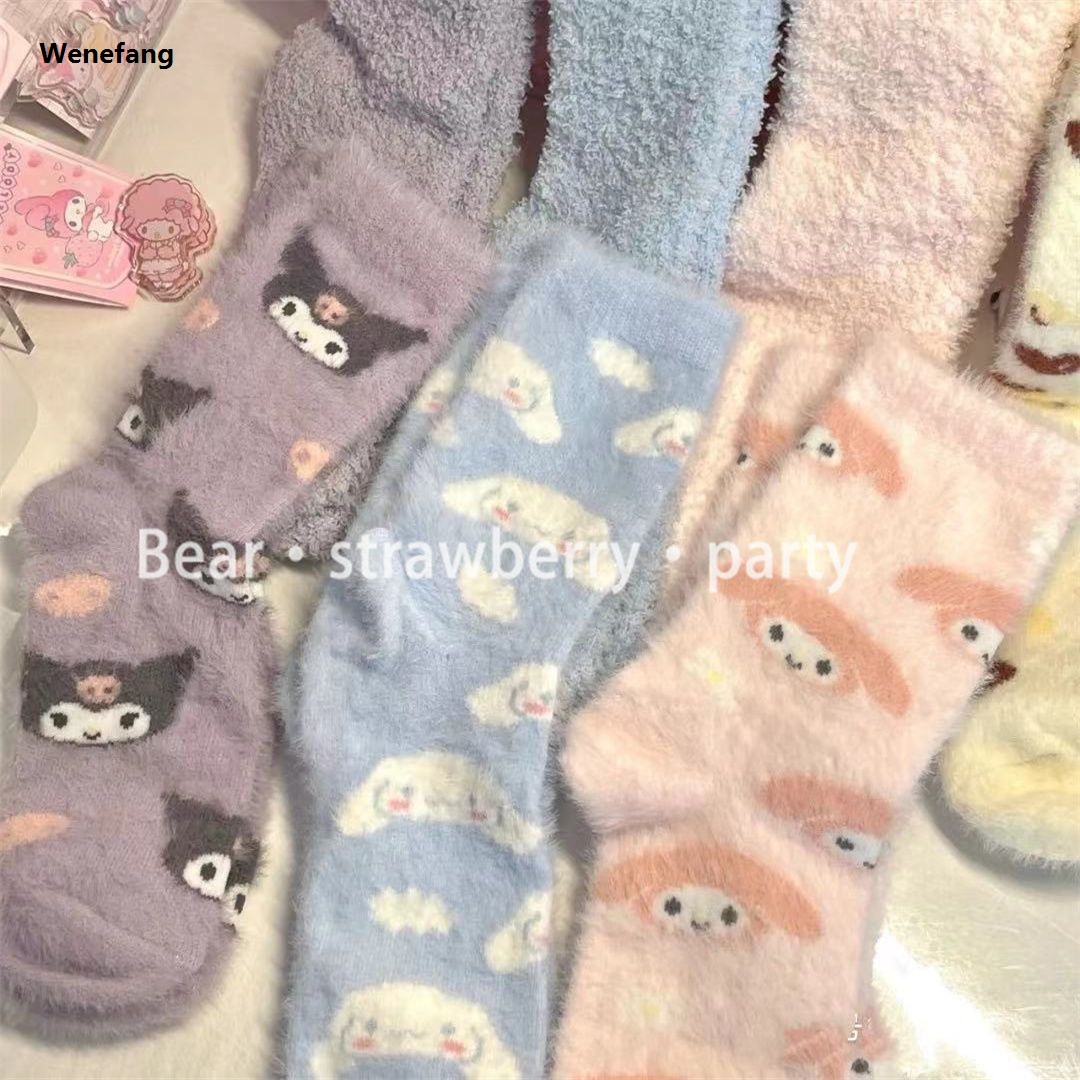 Wenefang Cartoon Kawaii Sanrioed Coral Velvet Socks MyMelody Kuromi High Quality Cinnamoroll Plus Velvet ThickMink Velvet Socks Sleep Socks