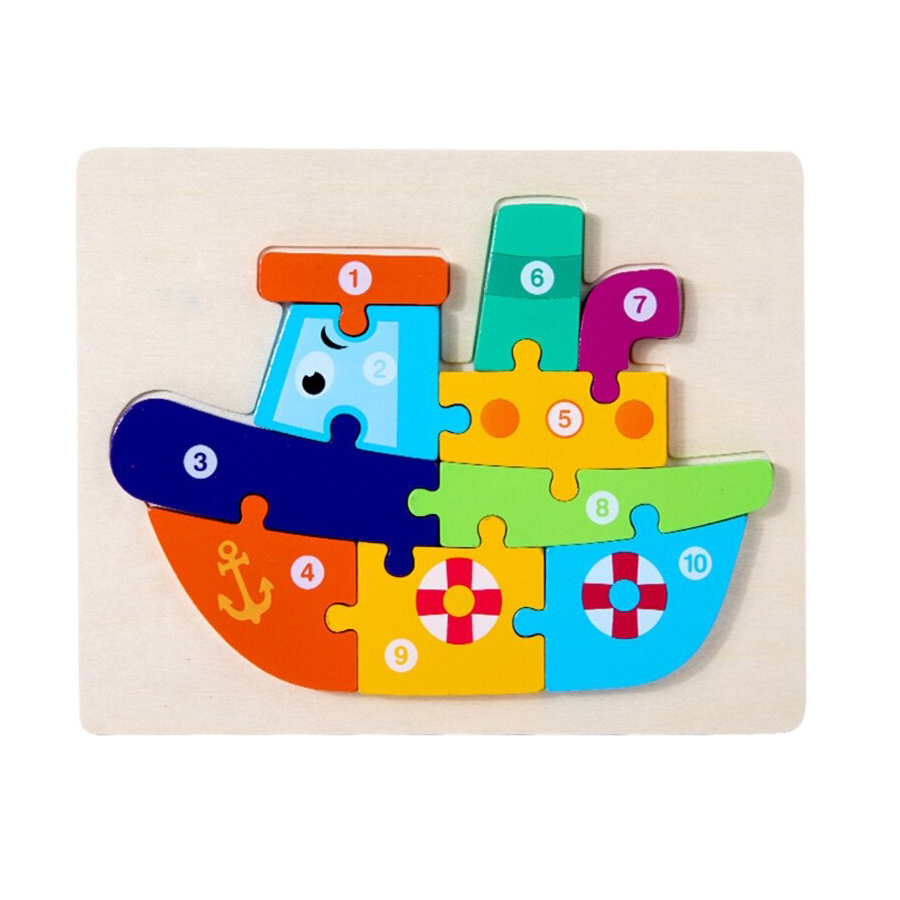 Wooden Number Puzzle for Kids - Ship Shape Jigsaw Toy for Toddlers - 10 Pcs Educational Learning Toy for Boys & Girls - Chunky Blocks for Fine Motor Skills Development
