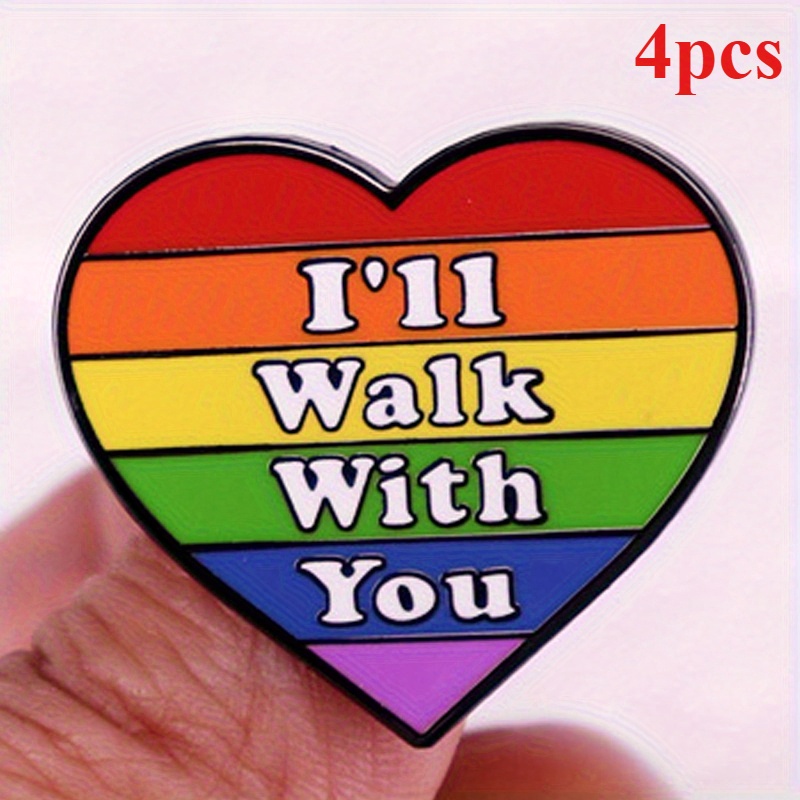 4 pieces of brooches, 3 pieces of brooches, "I'll Walk with You" Colorful Heart Brooch Rainbow Metal Badge Jeans Backpack Hat Clothing Accessories