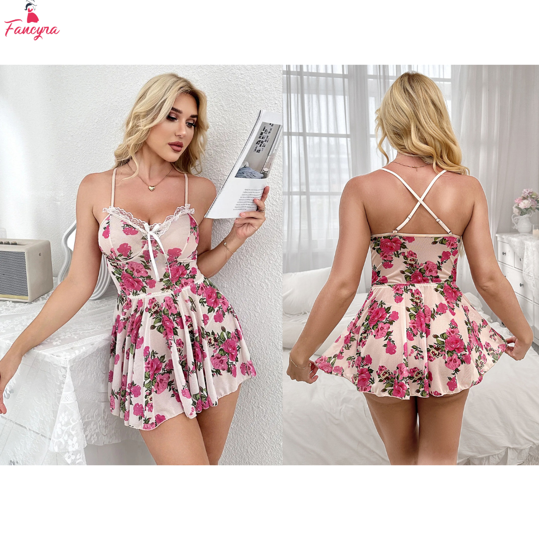 Fancyra Women V Neck Cute Lace Floral Lingerie Mini Teddy Babydoll