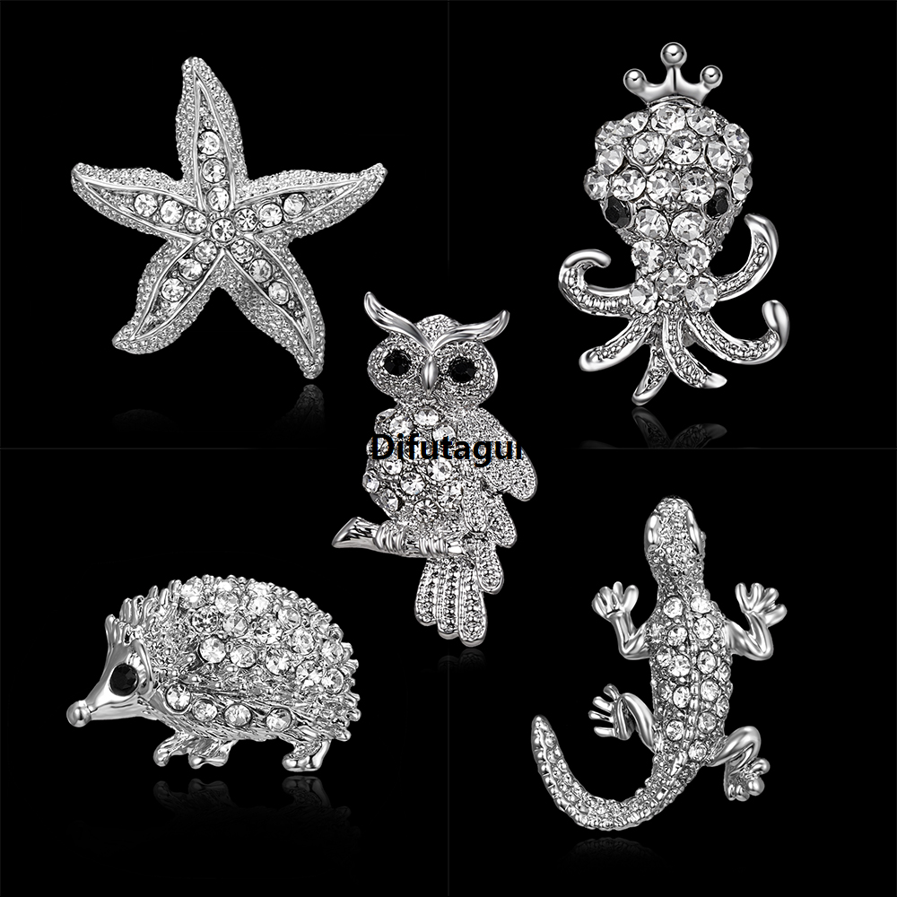 Difutagui Rinhoo Retro Crystal Silver Color Animal Brooches for Women Romantic Hot Selling Wedding Rhinestone Party Owl Starfish Hedgehog Brooch Pin