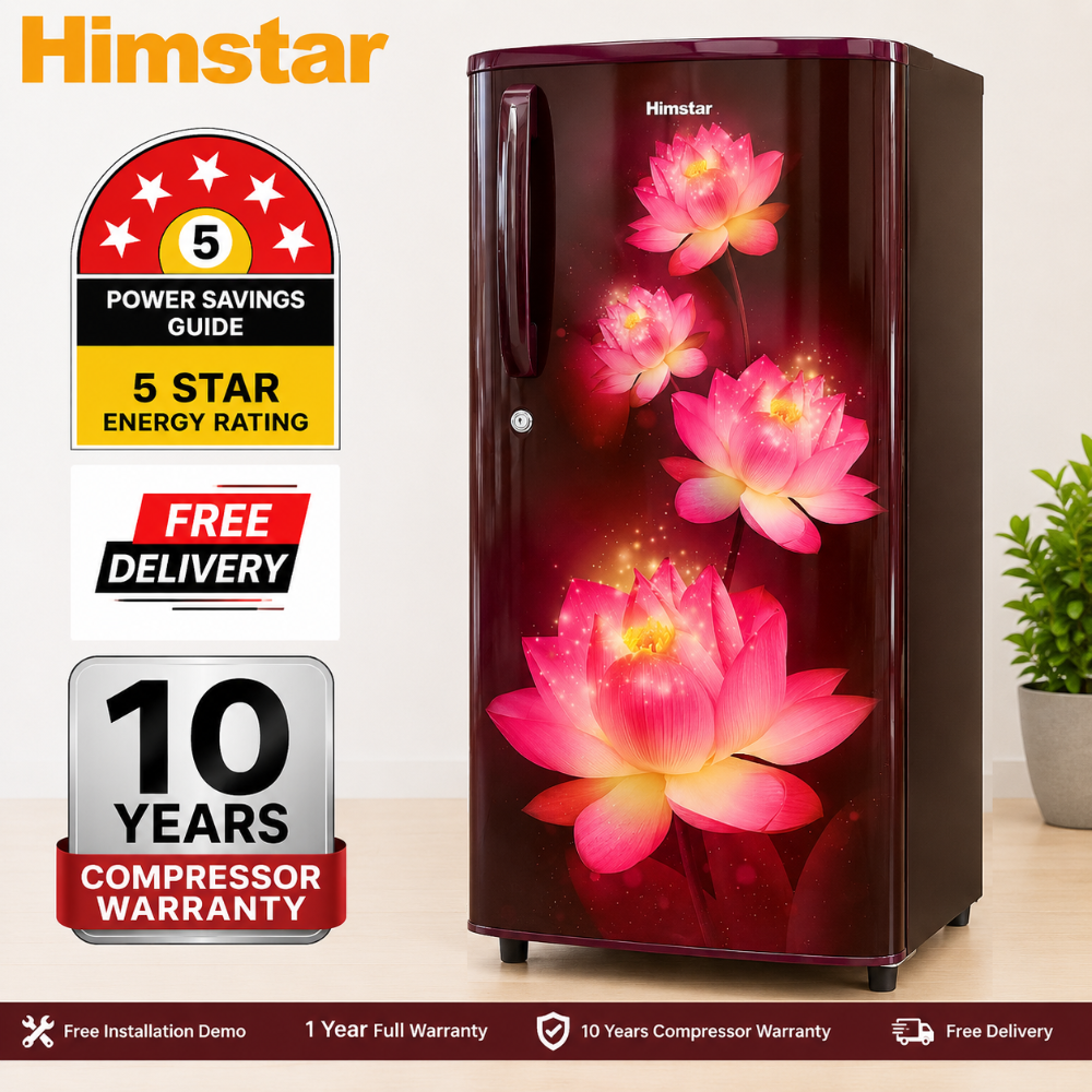Himstar 192L Single Door Refrigerator | HR-21D92RFJ | 5 Star Energy Saving | Floral Design | Built-in Stabilizer | Toughened Glass Shelves | Door Lock | 10 Years Compressor Warranty