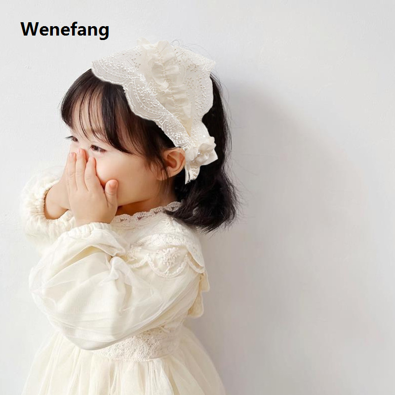 Wenefang Lace Baby Headband Princess Girls Elastic Hair Bands Fashion Retro White Flower Bow Kids Turban Hair Accessories