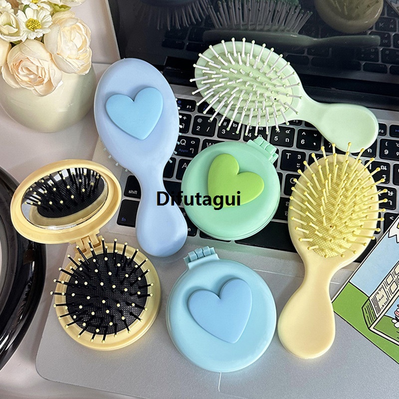 Difutagui Gift Pocket Cosmetics Shiny Air Cushion Portable Mini Heart] [Hot Luxury Comb 2 in 1 Folding Comb Mirror Cute Travel Hairbrush Makeup Tool