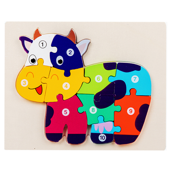 Montessori Wooden Cow Number Puzzle for Kids - 10 Piece Colorful Jigsaw Toy for Kids Learning Numbers, Shapes & Colors