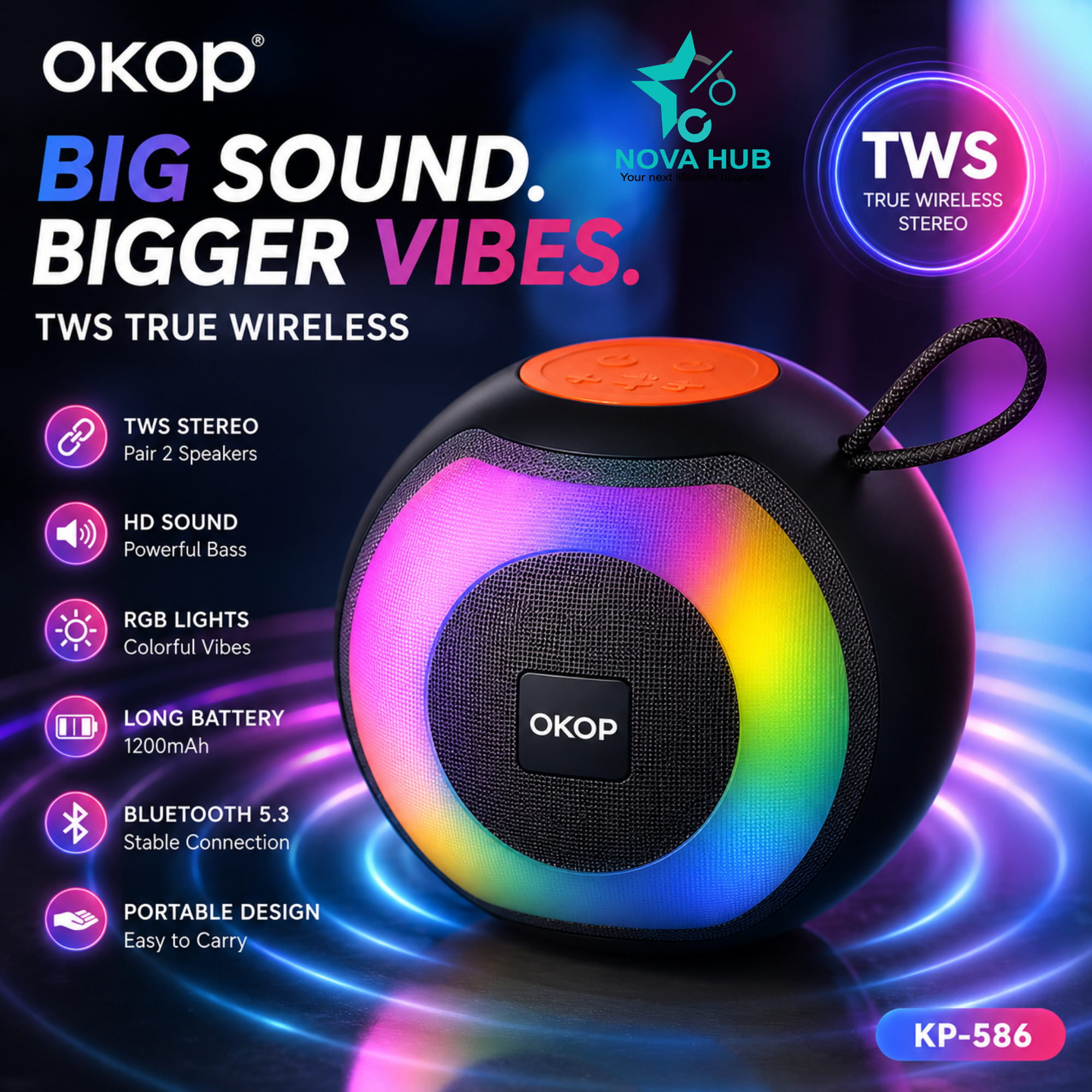 OKOP KP-586 Portable TWS Bluetooth Speaker Loud Speaker | RGB LED Light | 1200mAh battery | TF Card Slot USB Playback, FM Radio Speaker | Wireless Speaker for Mobile Phone Tablet |Compact Mini Speaker for Travel | RGB Speaker for Room Decoration |Nova Hub