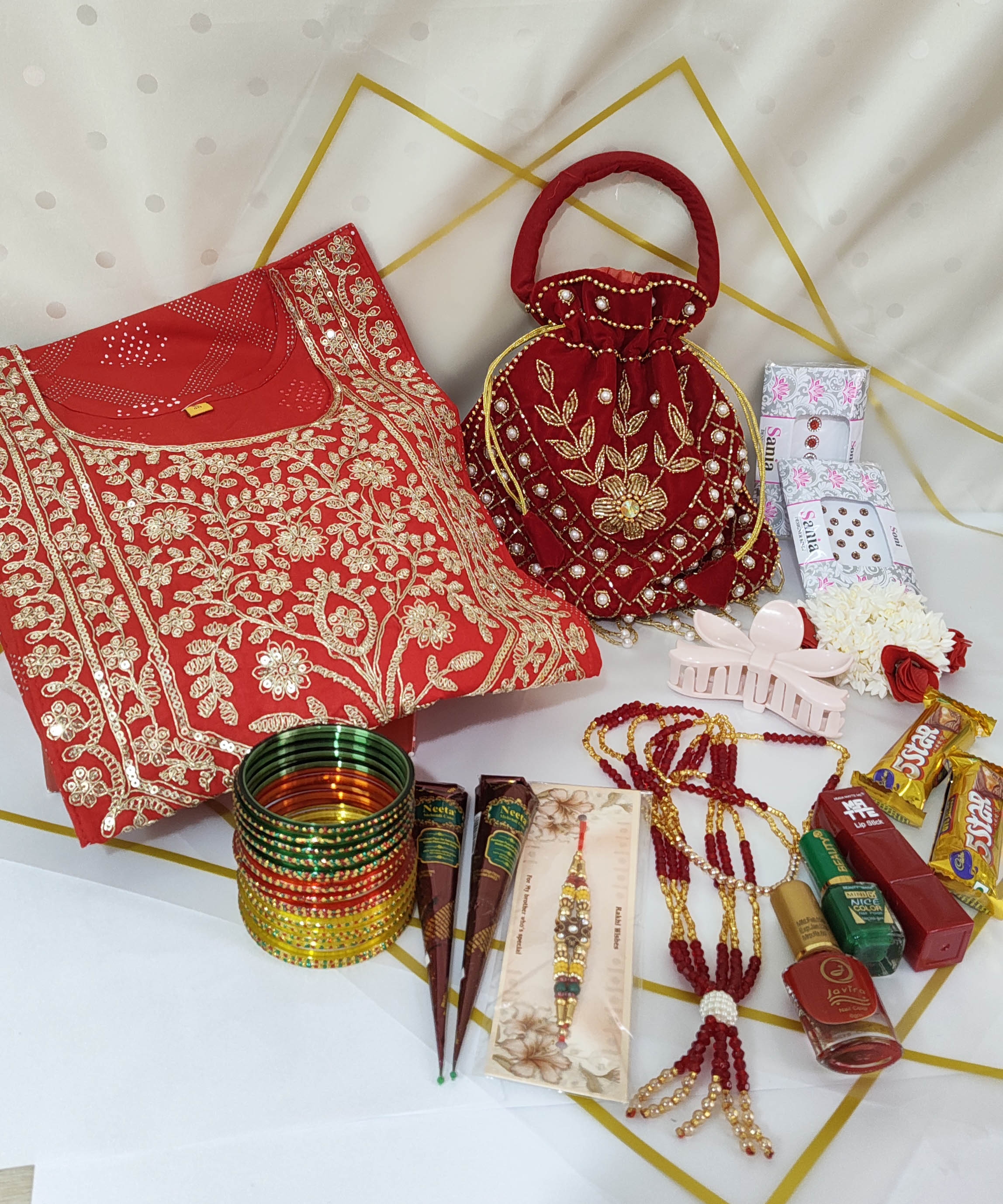 Rakhi Teej Rakshya Bandhan Special Gift for Women_Premium Cotton Tops, Velvet Party Clutch_Pote Mala_Lipstic_Chocolate_By CANVAS