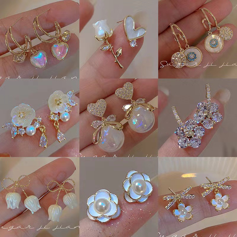 925 Silver Needle Korean New Style Simple Fresh Flower Earrings Women's ins Trendy Light Luxury Niche Love Pearl Earrings